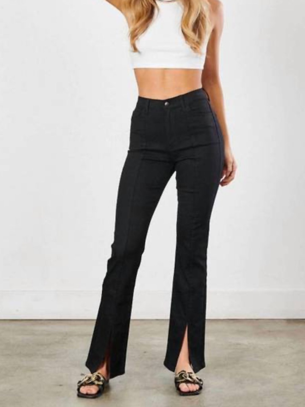 Vibrant Miu Black Slight Flare Jeans  25 Cotton Stretch Soft Denim Front Slit